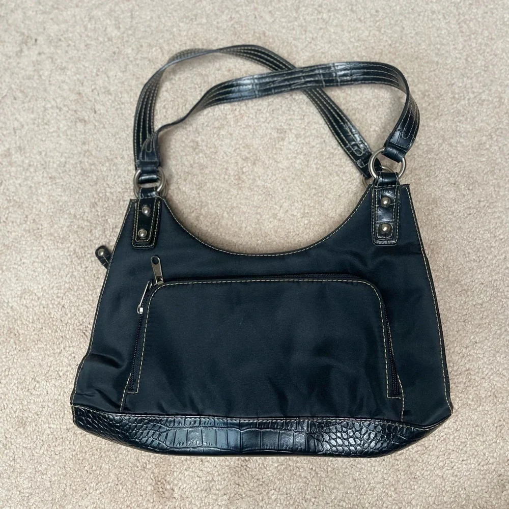 Black Crescent Shoulder Bag with Textured Trim